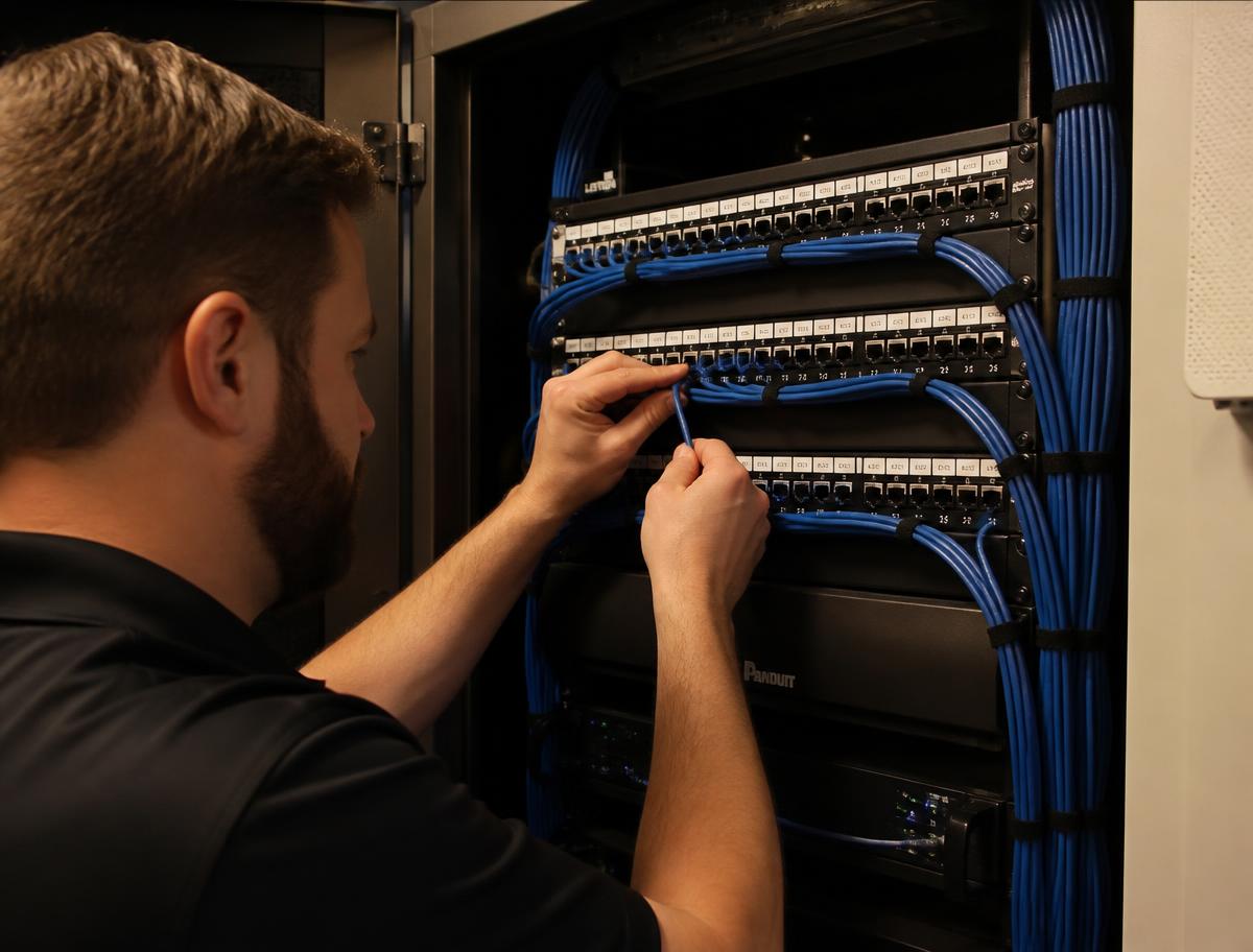 Technician terminating Cat6 cables in a structured wiring closet