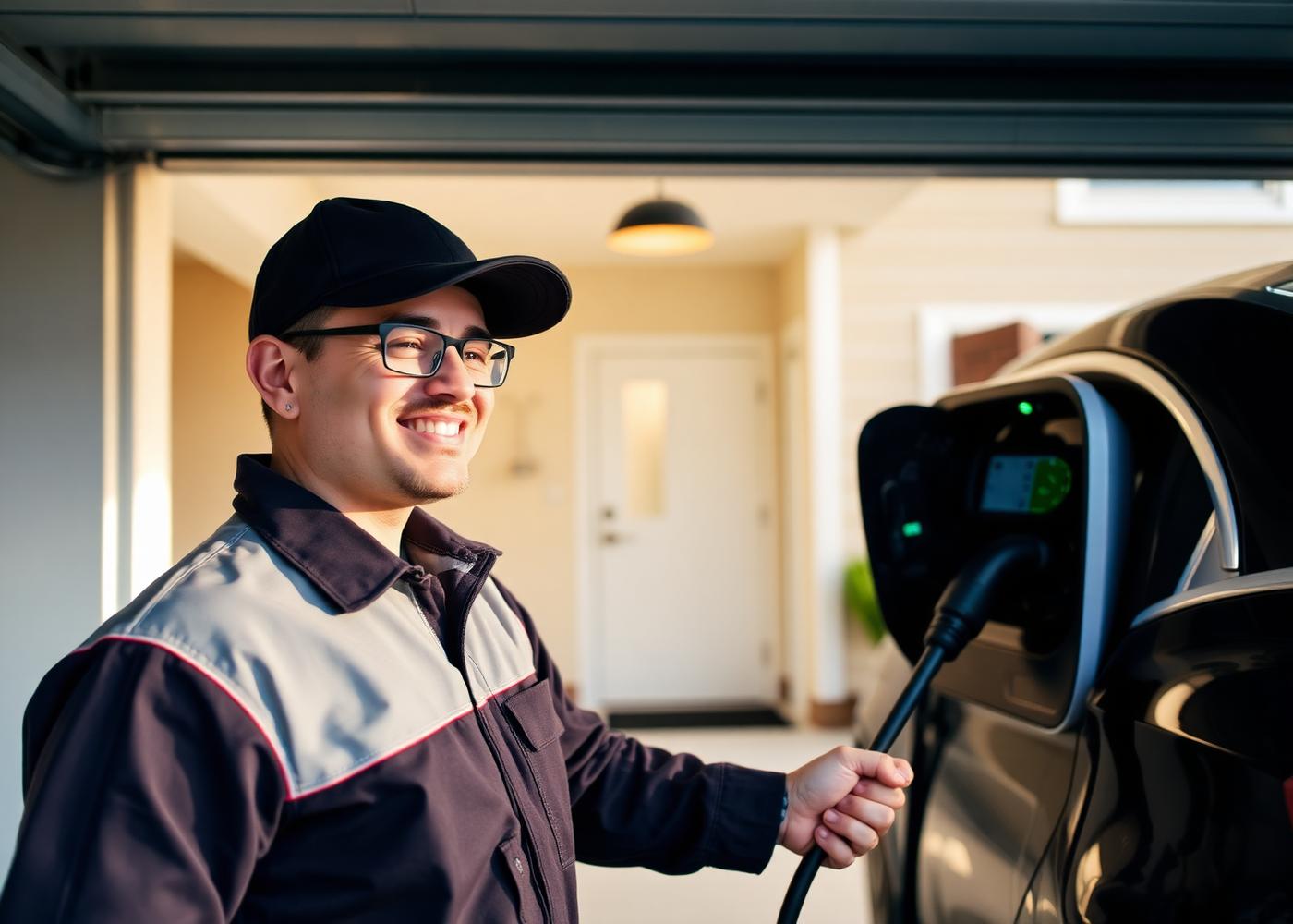Technician installing an EV charger in a home garage