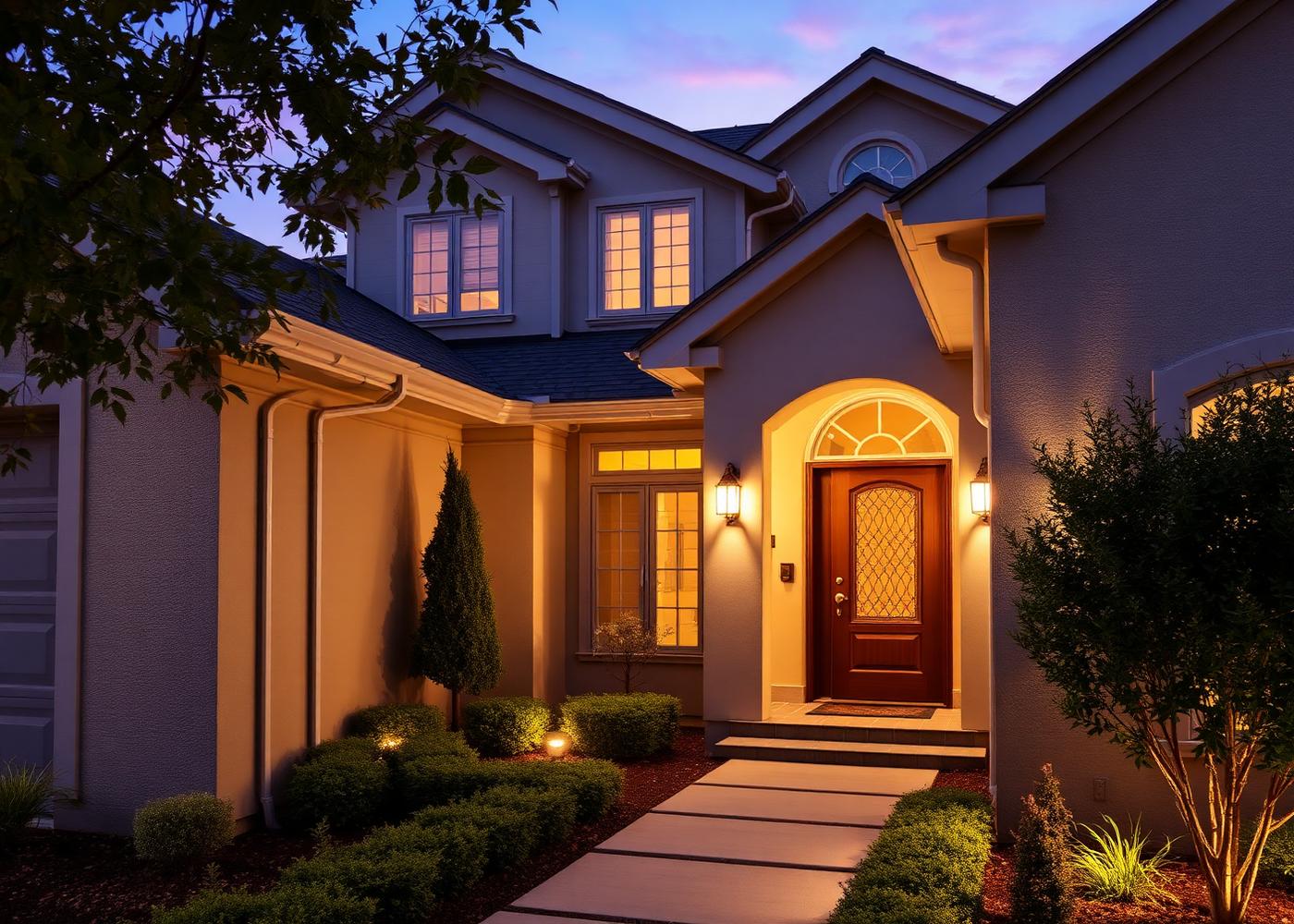 Home exterior at dusk with landscape lighting and a security camera