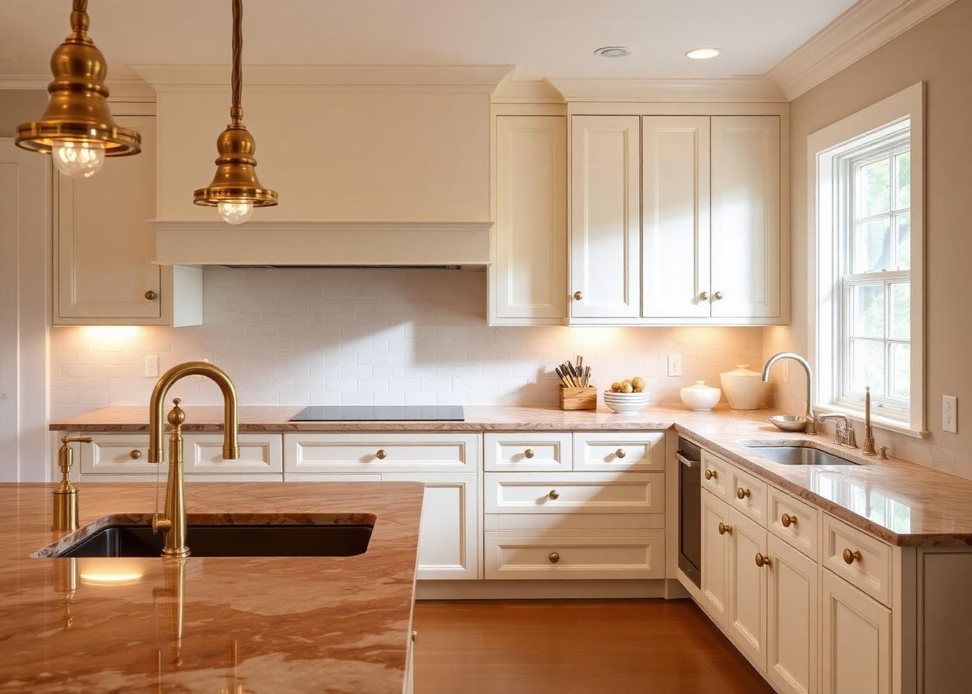 Renovated kitchen with under-cabinet lighting and brass fixtures