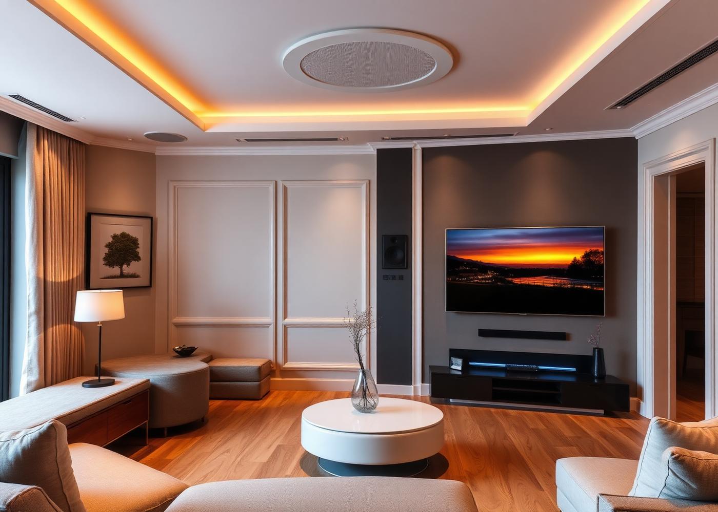Living room with wall-mounted TV, in-ceiling speakers and hidden cabling